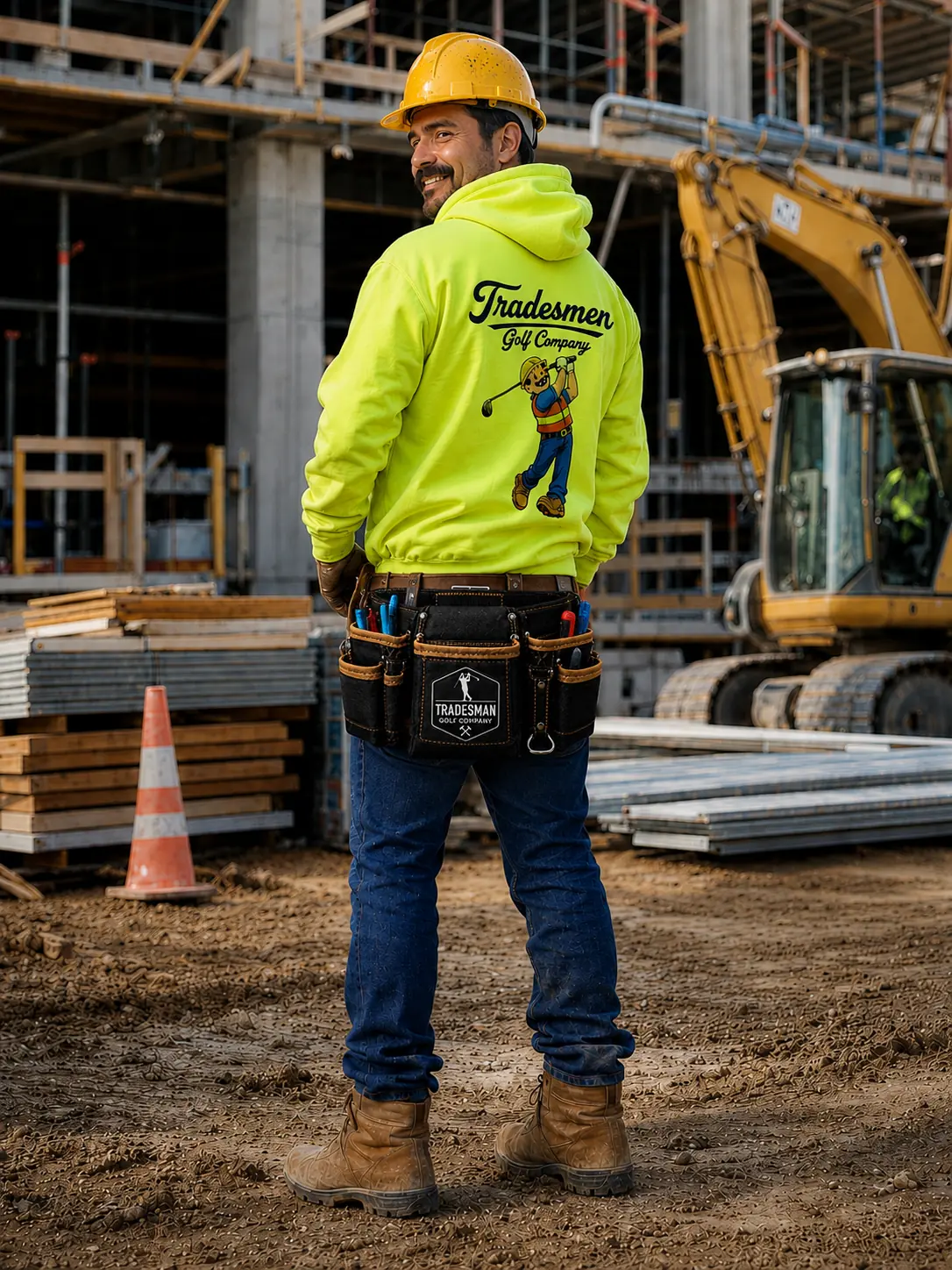 Union Jack-inspired tradesman in a neon Tradesmengolf hoodie and branded tool belt on a construction site
