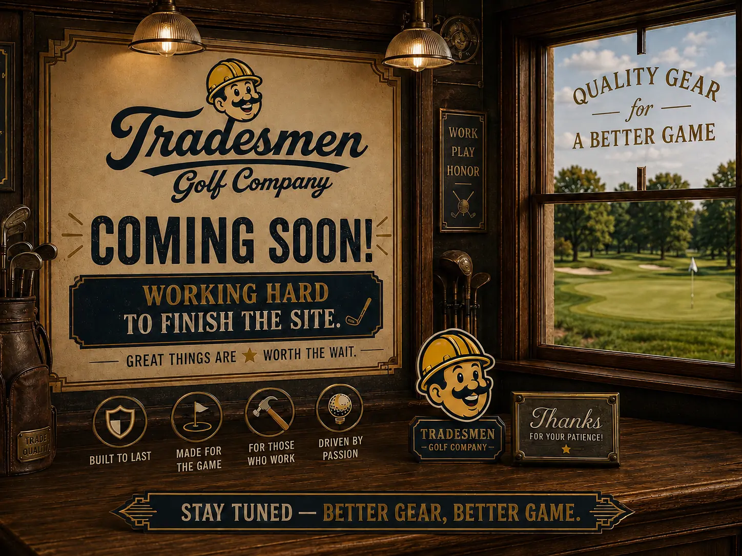 Tradesmengolf concept collection displayed in a wood-paneled golf clubhouse